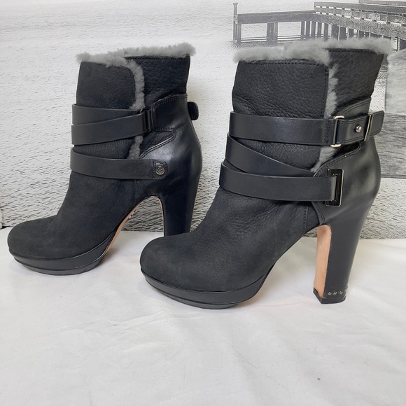 BCBGMaxAzria Ankle Boots Leather & Shearling Fur Lined Black Size 7.5 High Heel - Picture 1 of 12